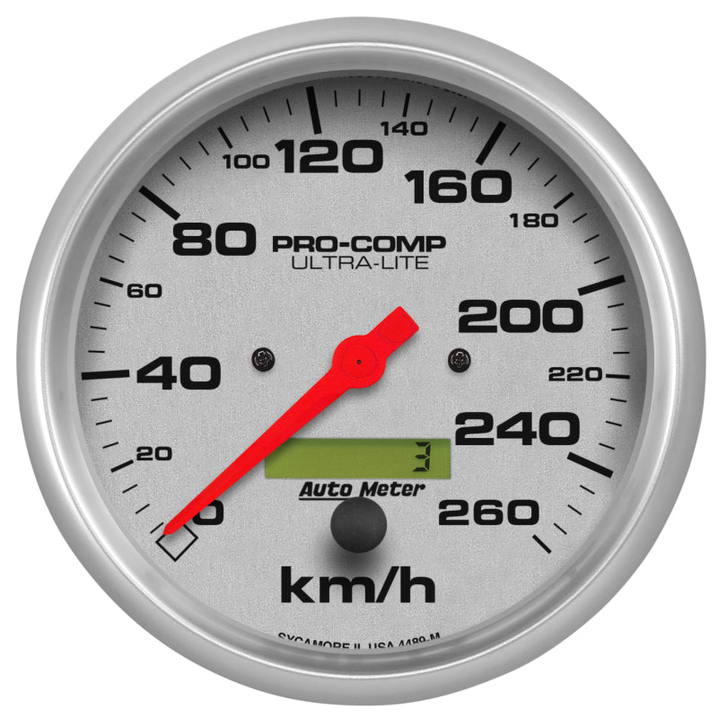 Auto Meter Ultra-Lite 260 KPH Speedometer - Electric - Analog - 5 in Diameter - Programmable - Silver Face
