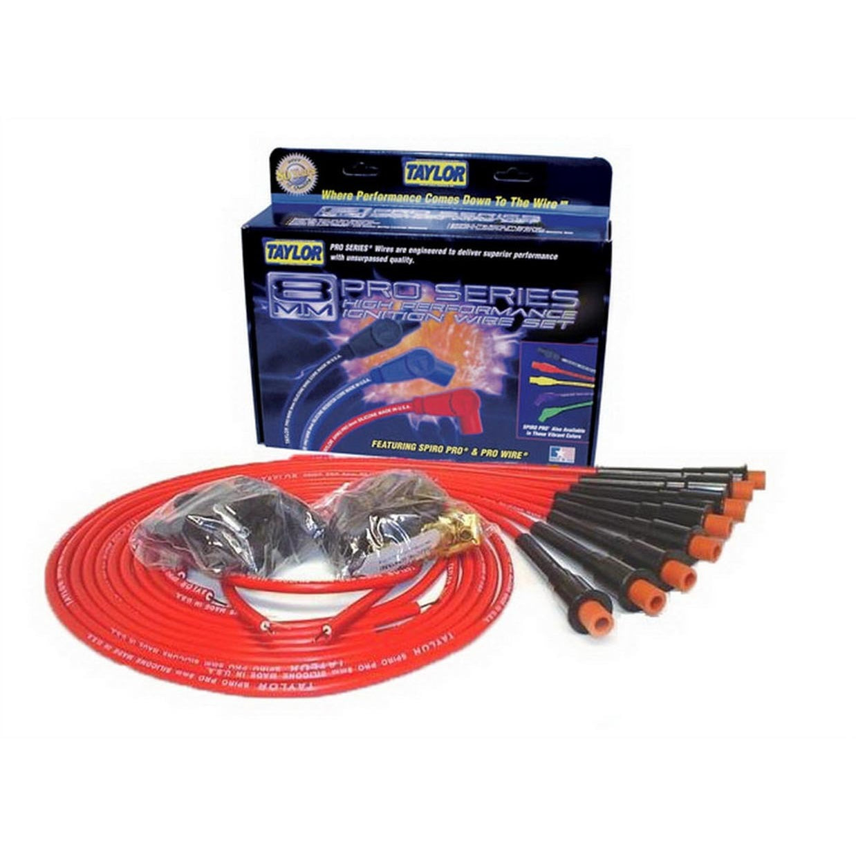 Taylor Spiro-Pro Spiral Core 8 mm Spark Plug Wire Set - Red - Straight Hemi Plug Boots - HEi / Socket Style - Cut-To-Fit - V8