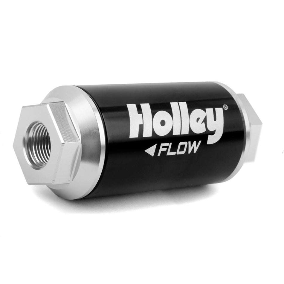 Holley Billet HP In-Line 40 Micron Fuel Filter - Stainless Element - 8 AN Female O-Ring Inlet - 8 AN Female O-Ring Outlet - Black / Clear Anodized