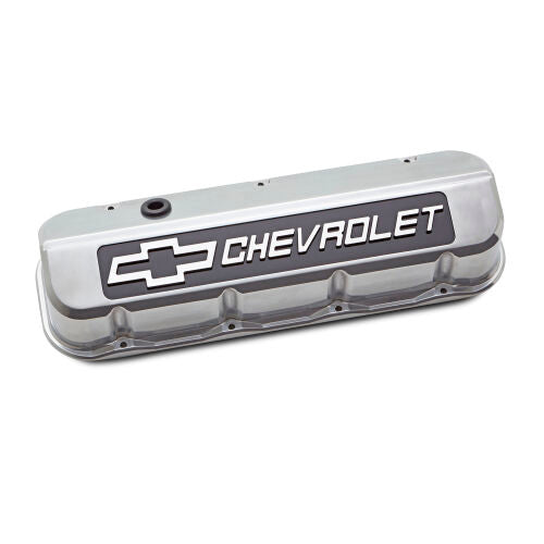 Proform Slant-Edge Tall Valve Cover - Baffled - Breather Hole - Blackfield Chevrolet Logo - Polished - Big Block Chevy (Pair)