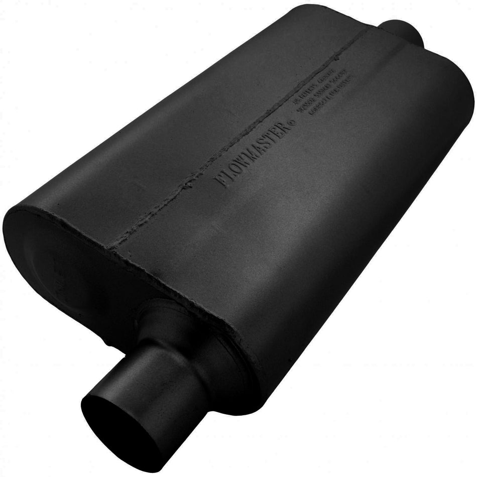Flowmaster 50 Series Delta Flow Muffler - 2-1/2 in Offset Inlet - 2-1/2 in Center Outlet - 17 x 9-3/4 x 4 in Oval Body - 23 in Long - Black Paint - Universal 942551