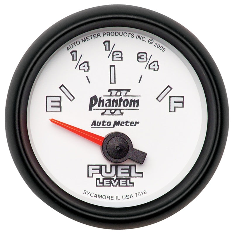 Auto Meter Phantom II 240-33 ohm Fuel Level Gauge - Electric - Analog - Short Sweep - 2-1/16 in Diameter - White Face