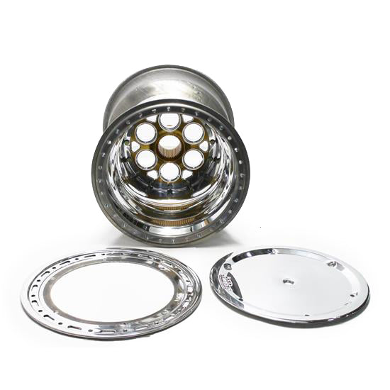 Weld Magnum Sprint Spline Wheel - 15" x 17" - 42 Spline - 5" Back Spacing - Polished - Gold Center - Outer Bead-Loc w/ Cover