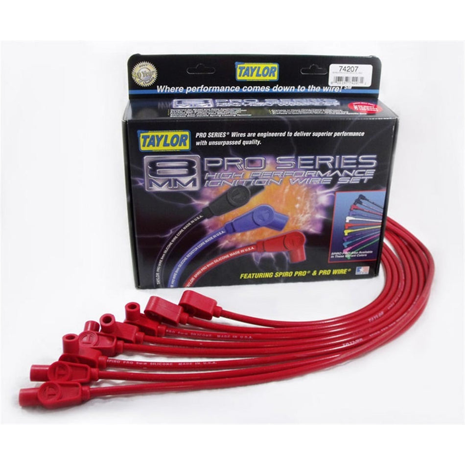 Taylor Spiro-Pro Spiral Core 8 mm Spark Plug Wire Set - Red - 90 Degree / Straight Plug Boots - HEI Style Terminal - Chevy V8 74207