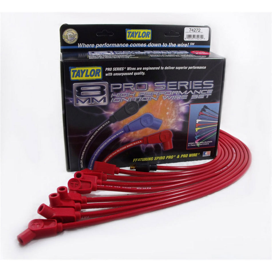 Taylor Spiro-Pro Spiral Core 8 mm Spark Plug Wire Set - Red - 90 / 135 Degree Plug Boots - Socket Style - Mopar B / RB-Series