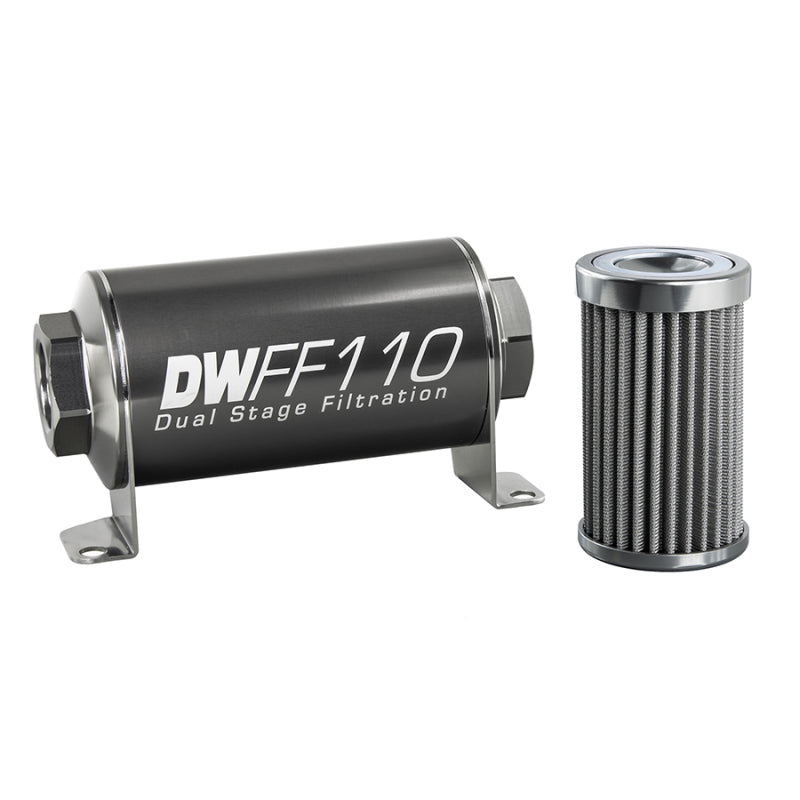 DeatschWerks In-Line 100 Micron Fuel Filter - Stainless Element - 10 AN Female O-Ring Inlet - 10 AN Female O-Ring Outlet - 110 mm Long - Titanium Anodized