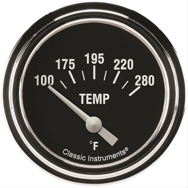 Classic Instruments Hot Rod 100-280 Degrees F Water Temperature Gauge - Electric - Analog - Short Sweep - 2-5/8 in Diameter - 1/2 in NPT Thread Sender - Low Step  Bezel - Flat Lens - Black Face
