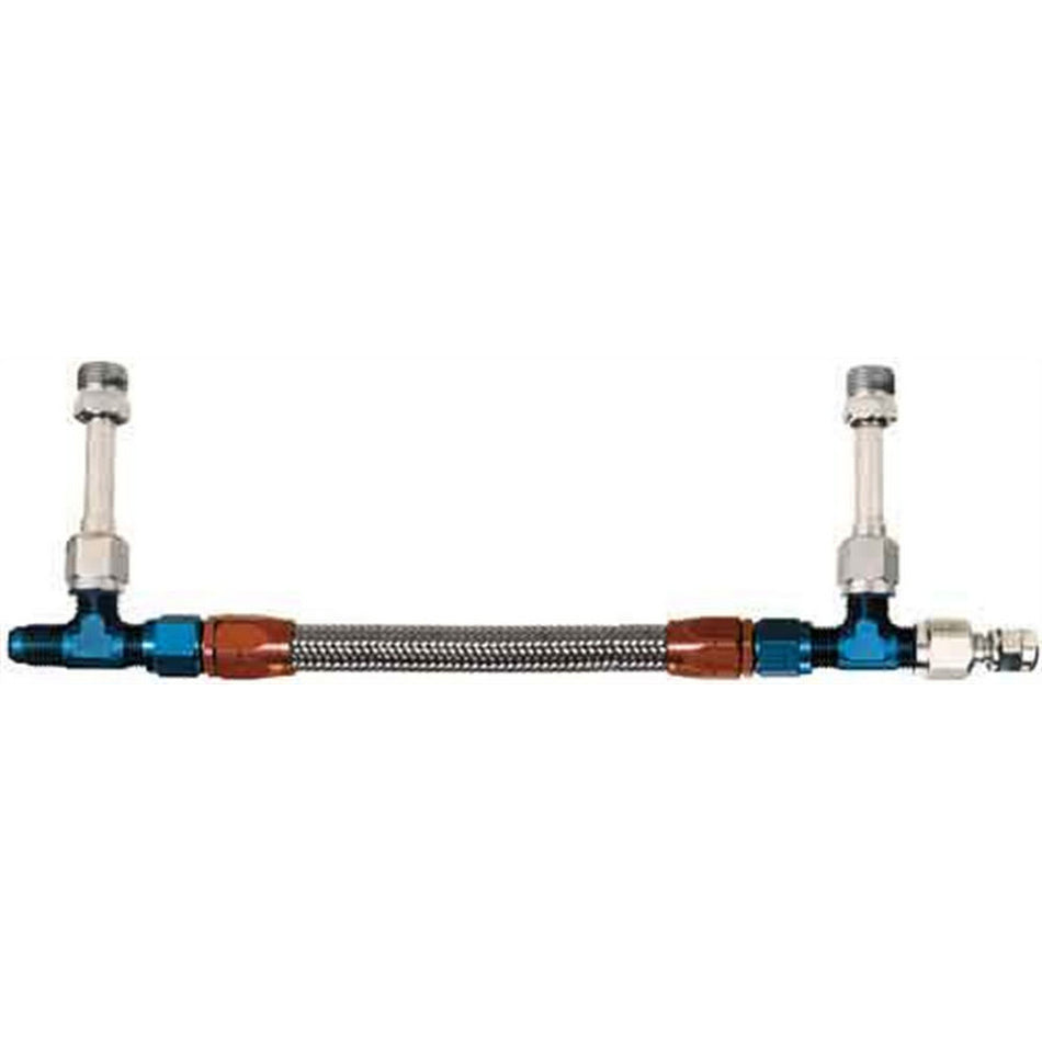 Aeroquip Carburetor Fuel Line - 6 AN Single Male Inlet - 9/16-24 in Dual Outlets - Braided  Hose - Blue / Red / Silver - Holley 4160