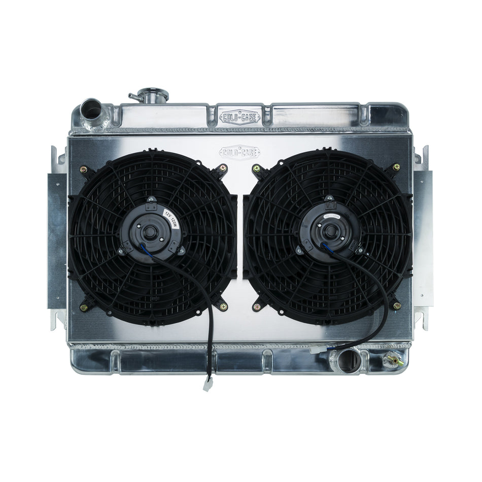 Cold-Case Aluminum Radiator and Fan - 27.75" W x 20.5" H x 3" H x 3" D - Driver Side Inlet - Passenger Side Outlet - Polished - Manual - GM A-Body 1966-67