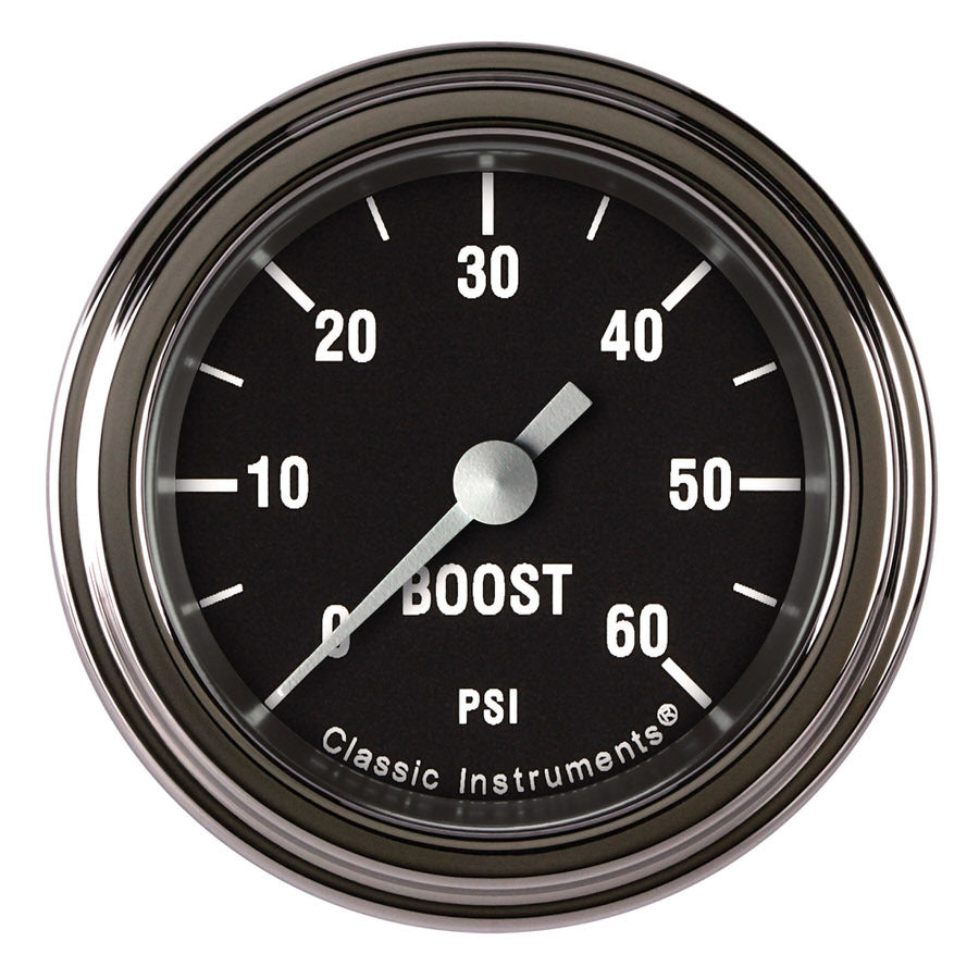 Classic Instruments Hot Rod Boost Gauge - 0-60 psi - Full Sweep - 2-1/8 in Diameter - Low Step Stainless Bezel - Black Face