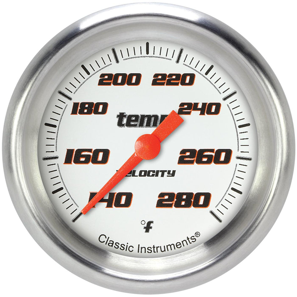 Classic Instruments Velocity 140-280 Degrees F Water Temperature Gauge - Electric - Analog - Full Sweep - 2-5/8 in Diameter - 1/8 in NPT Thread Sender - Flat Lens - White Face