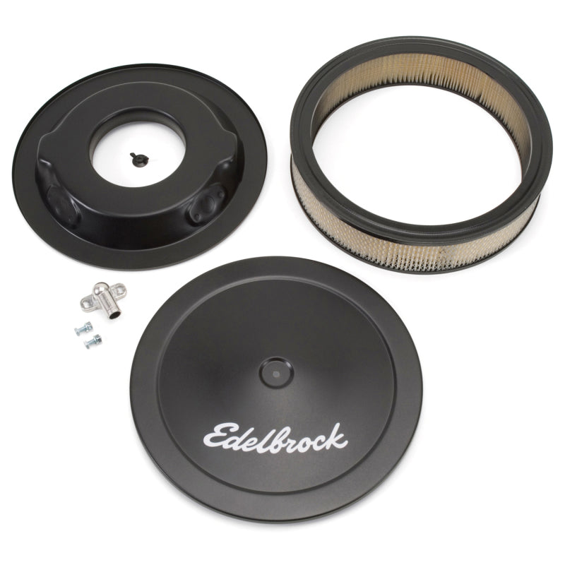 Edelbrock Pro-Flo Air Cleaner Assembly - 14 in Round - 3.75 in Tall - 5-1/8 in Carb Flange - Drop Base - Black Powder Coat