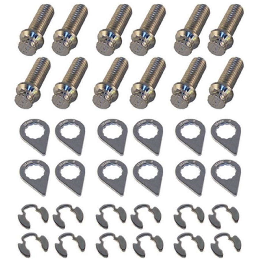 Stage 8 Locking Header Bolt Kit - 3/8"-16 x 1" External 12-Point - Steel - Nickel Plated - SB Chevy - Set of 12