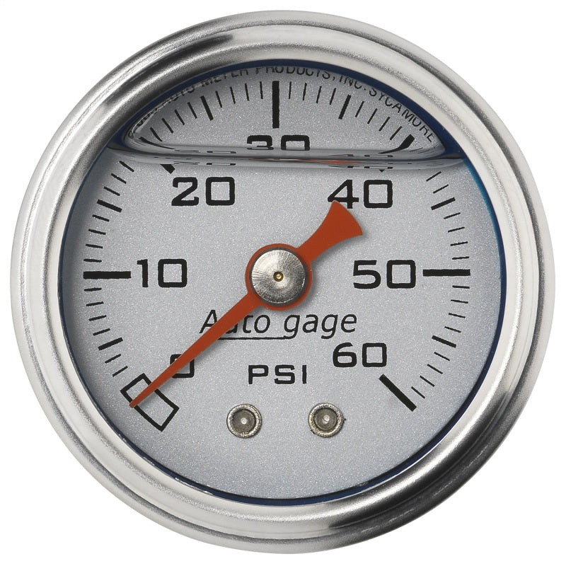 Auto Meter Auto Gage 0-60 psi Pressure Gauge - Mechanical - Analog - 1-1/2 in Diameter - Liquid Filled - 1/8 in NPT Port - Silver Face