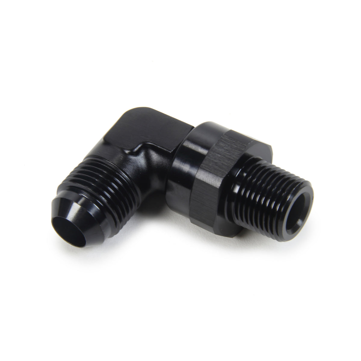 Triple X Adapter Fitting 90 Degree 8 AN Male to 3/8" NPT Male Swivel Aluminum - Black Anodize