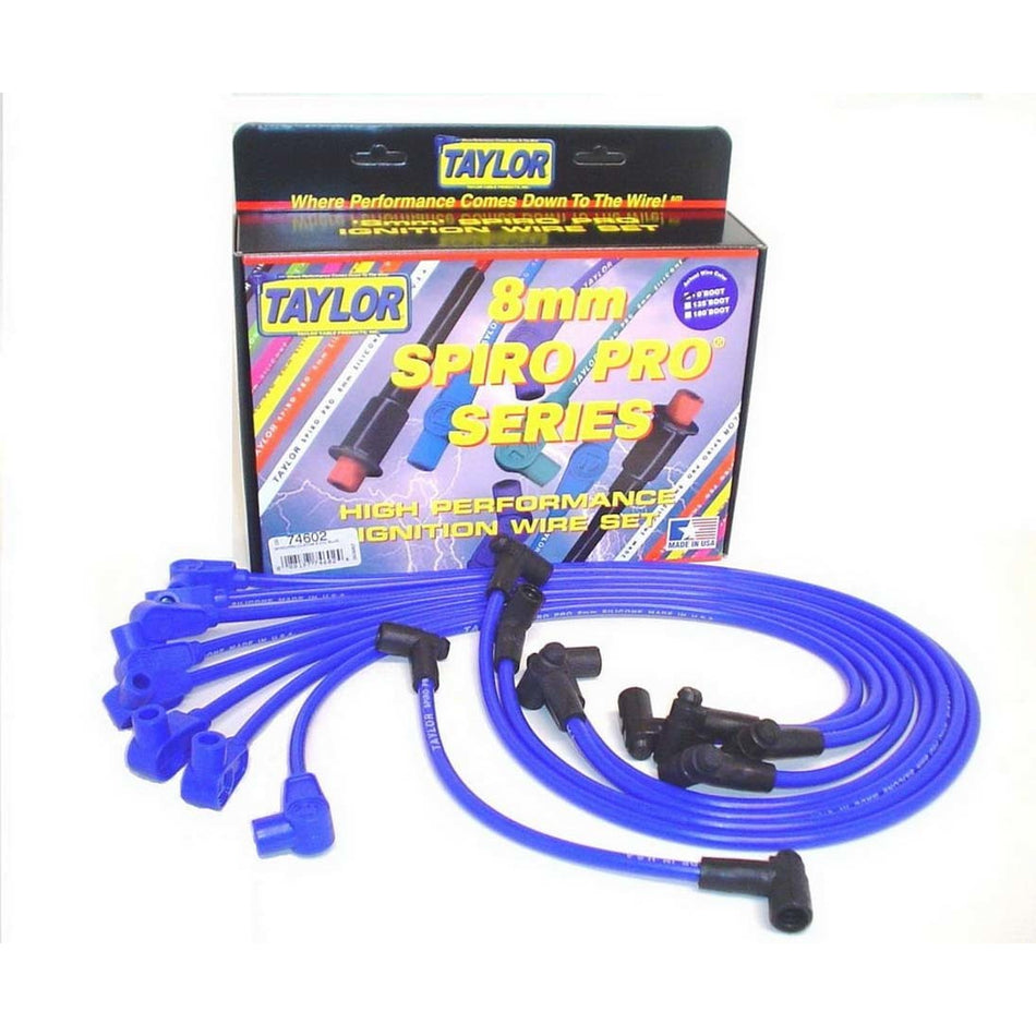 Taylor Spiro-Pro Spiral Core 8 mm Spark Plug Wire Set - Blue - 90 Degree Plug Boots - HEI Style Terminal - Chevy V8