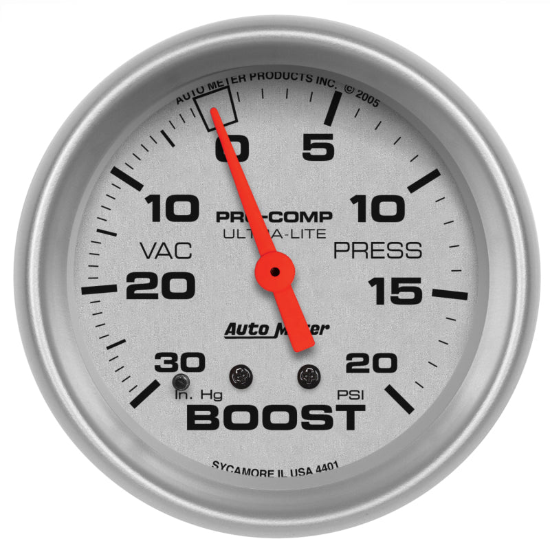Auto Meter Ultra-Lite 30 in HG-20 psi Boost / Vacuum Gauge - Mechanical - Analog - 2-5/8 in Diameter - Silver Face