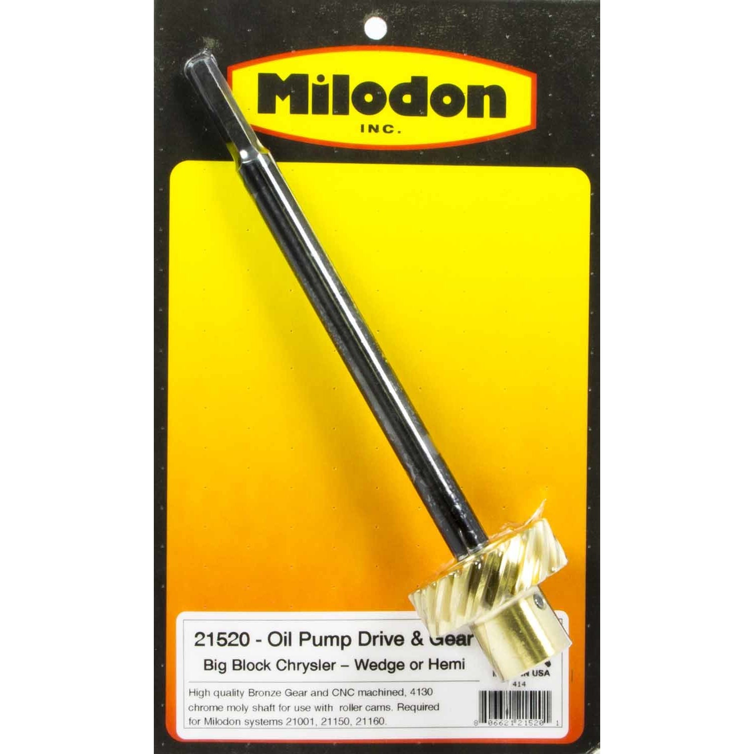 Milodon Oil Pump Drive Shaft - 8.562 in Long - Bronze Gear - Chromoly - Mopar B / RB-Series / 426 Hemi