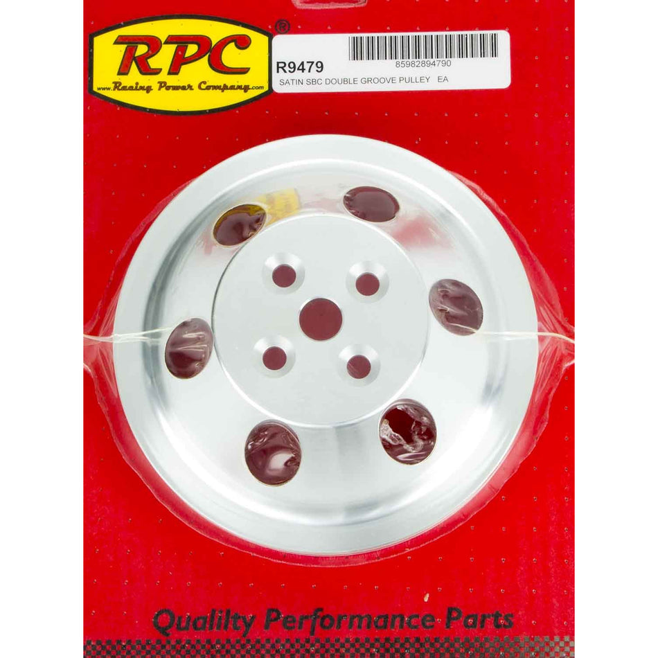 Racing Power Polished Aluminum Water Pump Pulley - Double Groove V-Belt - SB Chevy Short Water Pump - 6.60" Diameter