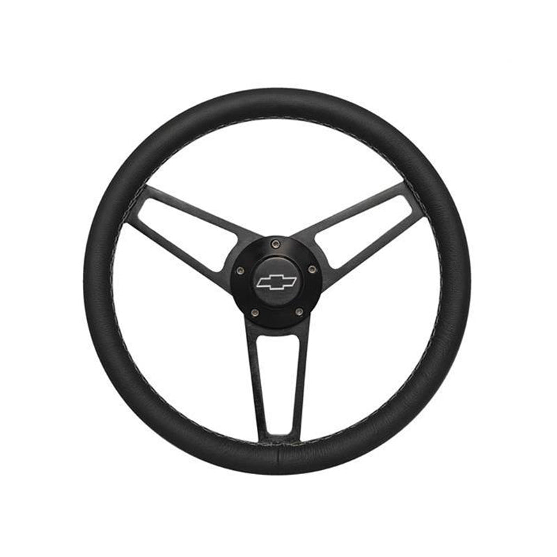 Grant Billet Series Steering Wheel - 14-3/4" Diameter - 3 Spoke - Black Leather Grip - Bow Tie Logo - Billet Aluminum - Black Anodized