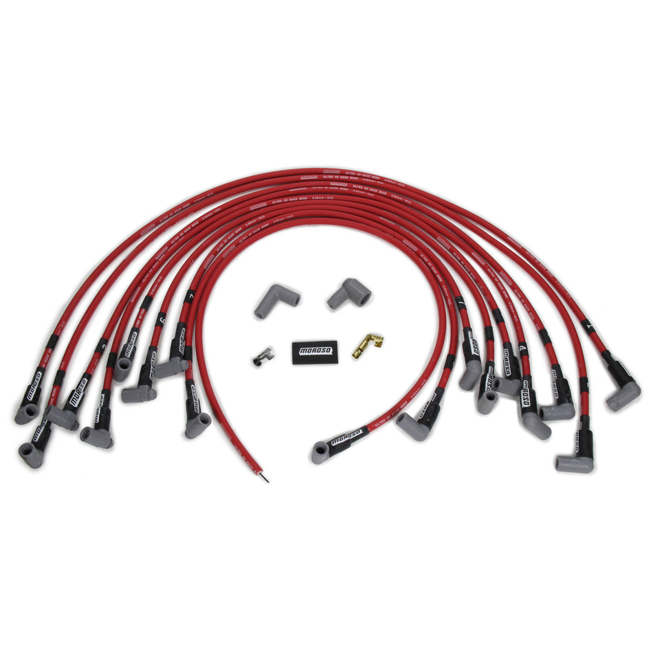 Moroso Ultra 40 Race Spiral Core Spark Plug Wire Set - 8.65 mm - Red - 90 Degree Plug Boots - HEI Style Terminal - BB Chevy