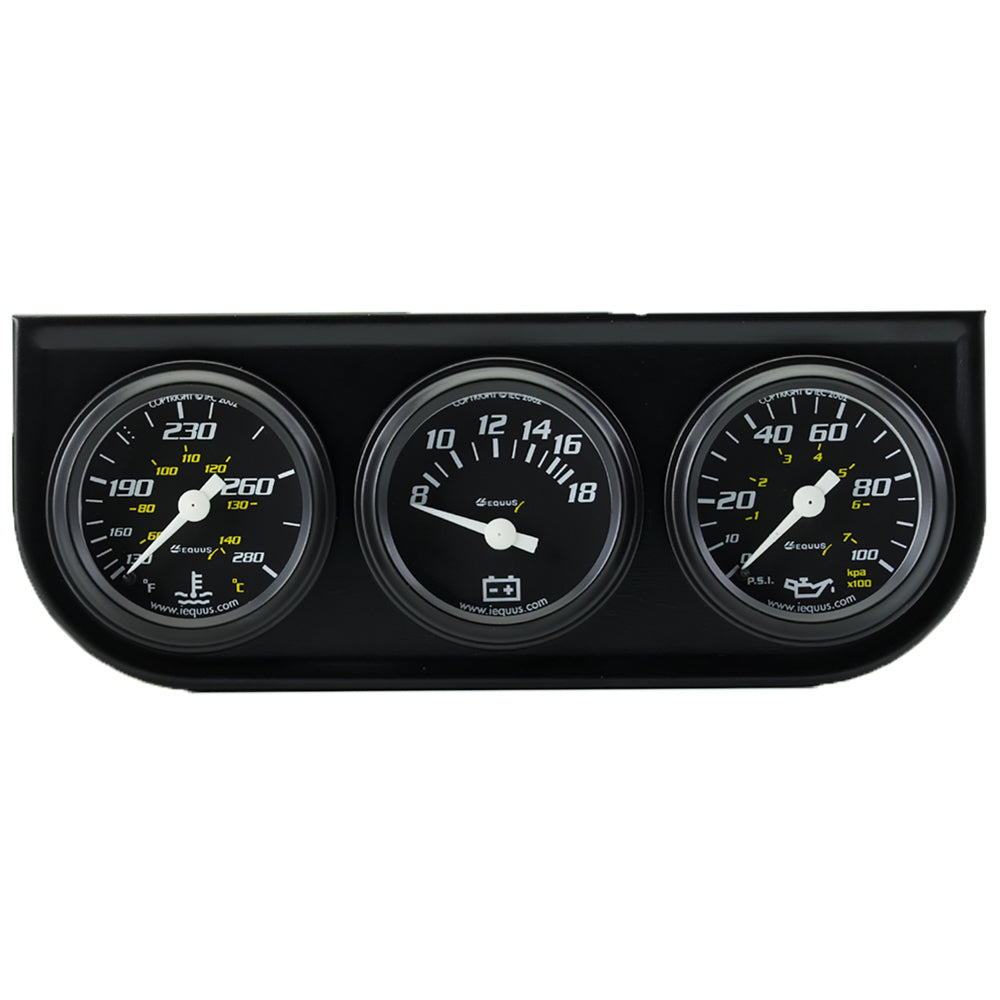 Equus 6000 Series Gauge Kit - Analog - Oil Pressure/Voltmeter/Water Temperature - 1-1/2" Diameter - Black Face