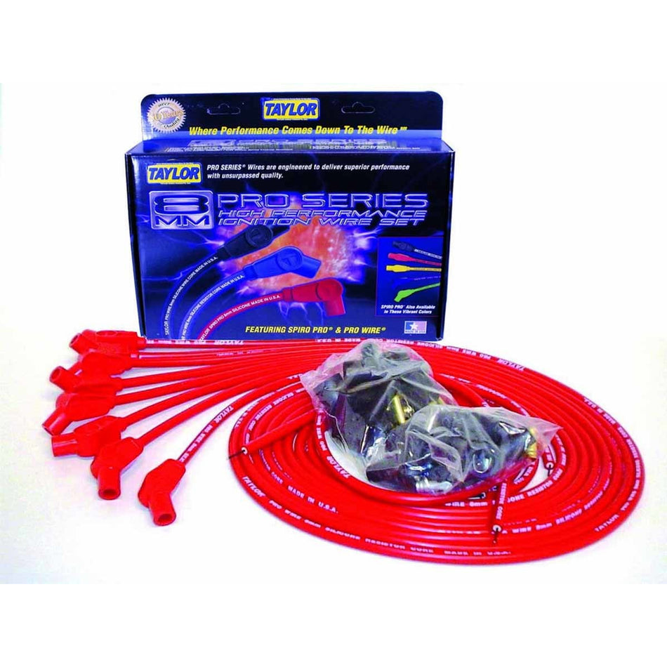 Taylor 8mm Pro Wires Universal Spark Plug Wire Set - Red - Resistor Core Conductor - 135 Plug Boots