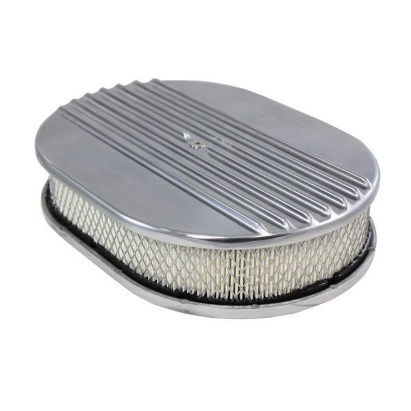 Specialty Products Half Finned Air Cleaner Assembly - 12 in Oval - 2 in Element - 5-1/8 in Carb Flange - Flat Base - Polished