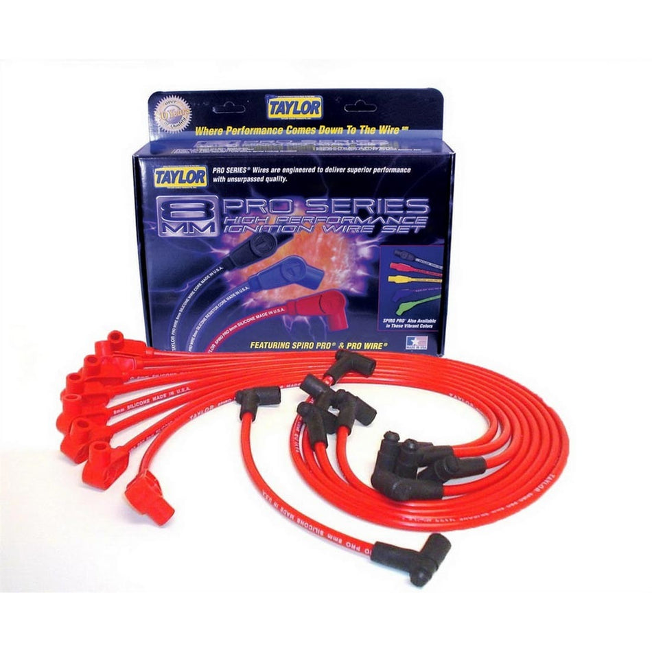 Taylor Spiro-Pro Spiral Core 8 mm Spark Plug Wire Set - Red - 90 Degree Plug Boots - HEI Style Terminal - Chevy V8
