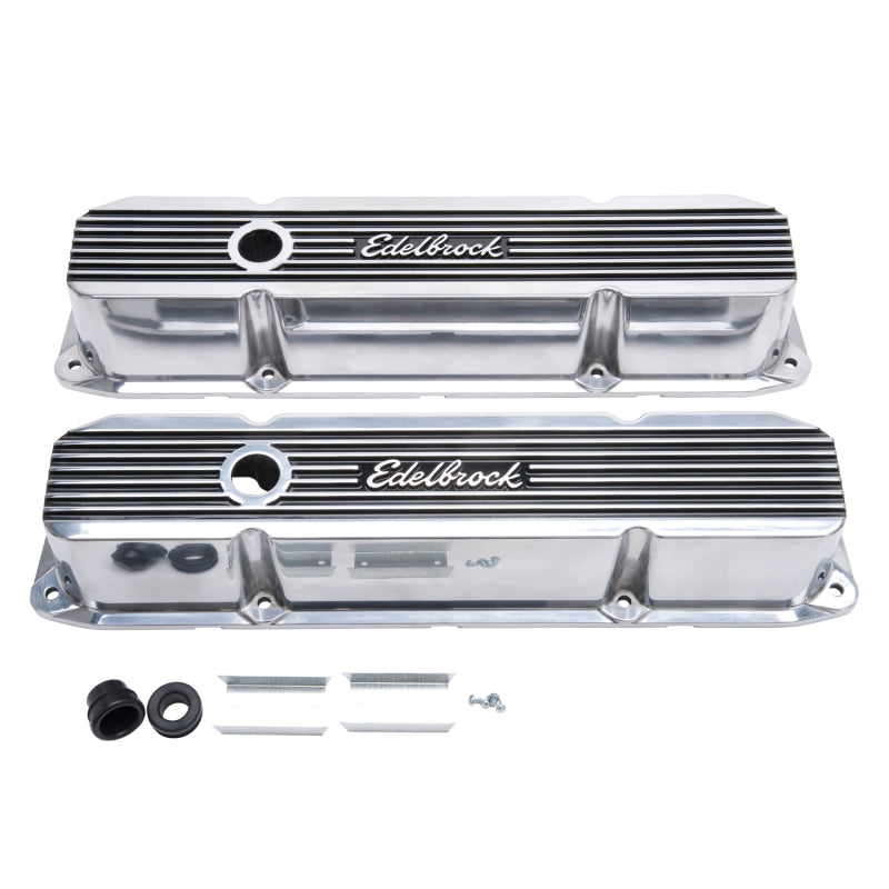 Edelbrock Elite II Valve Covers Tall Baffled Breather Hole - Edelbrock Logo - Polished