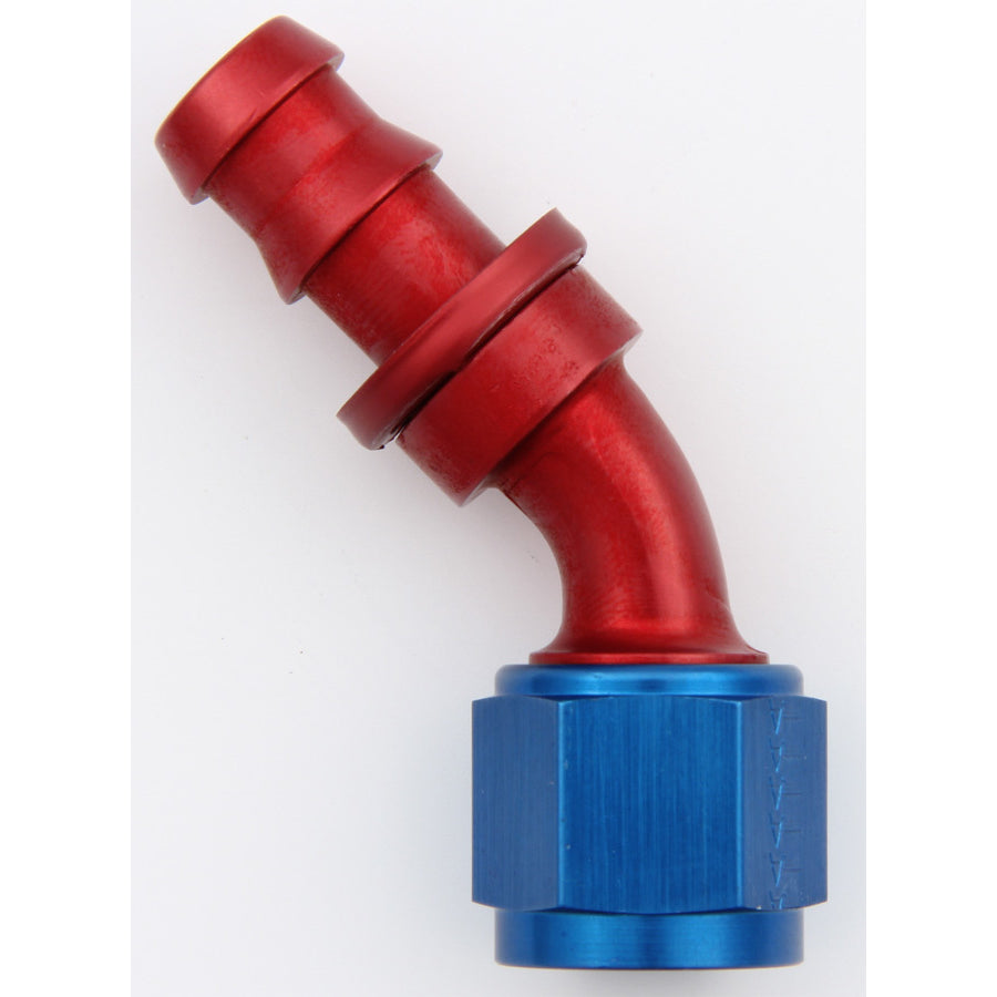 Aeroquip AQP Socketless 10 AN Hose Barb to 10 AN Female 45 Degree Hose End - Blue / Red Anodized FBM1524