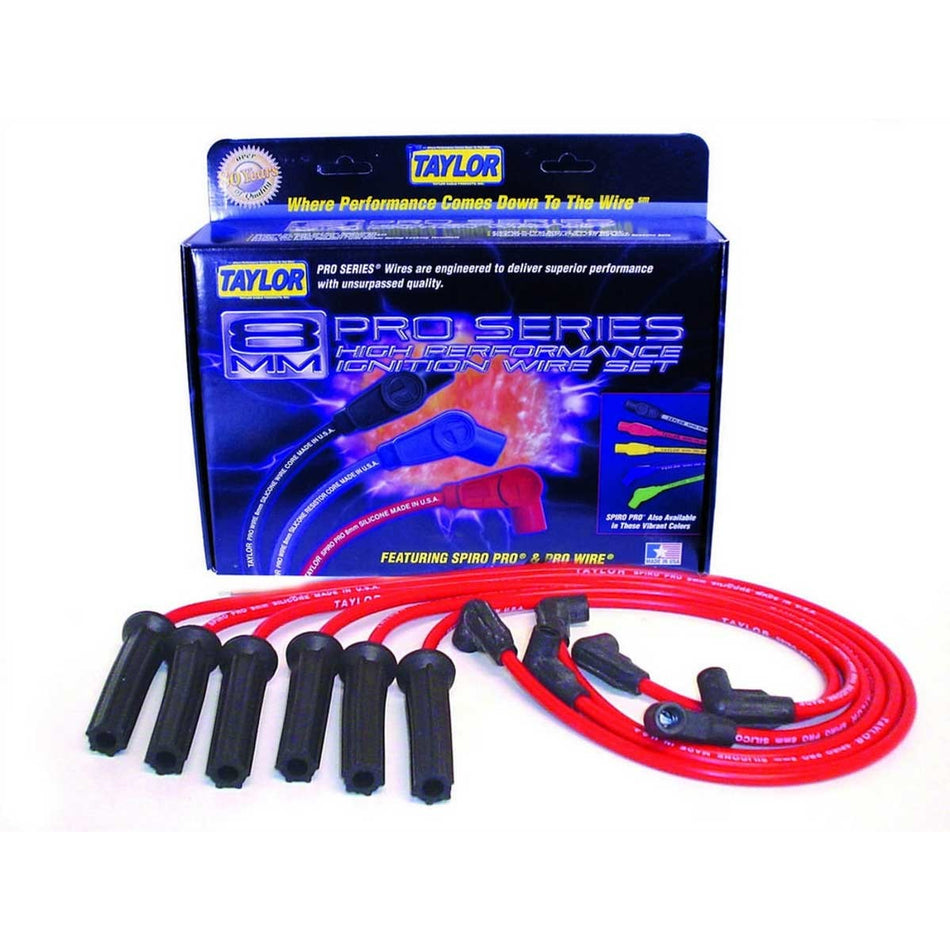 Taylor Spiro-Pro Spiral Core 8 mm Spark Plug Wire Set - Red - 90 Degree Plug Boots - HEI Style Terminal - Chevy V6