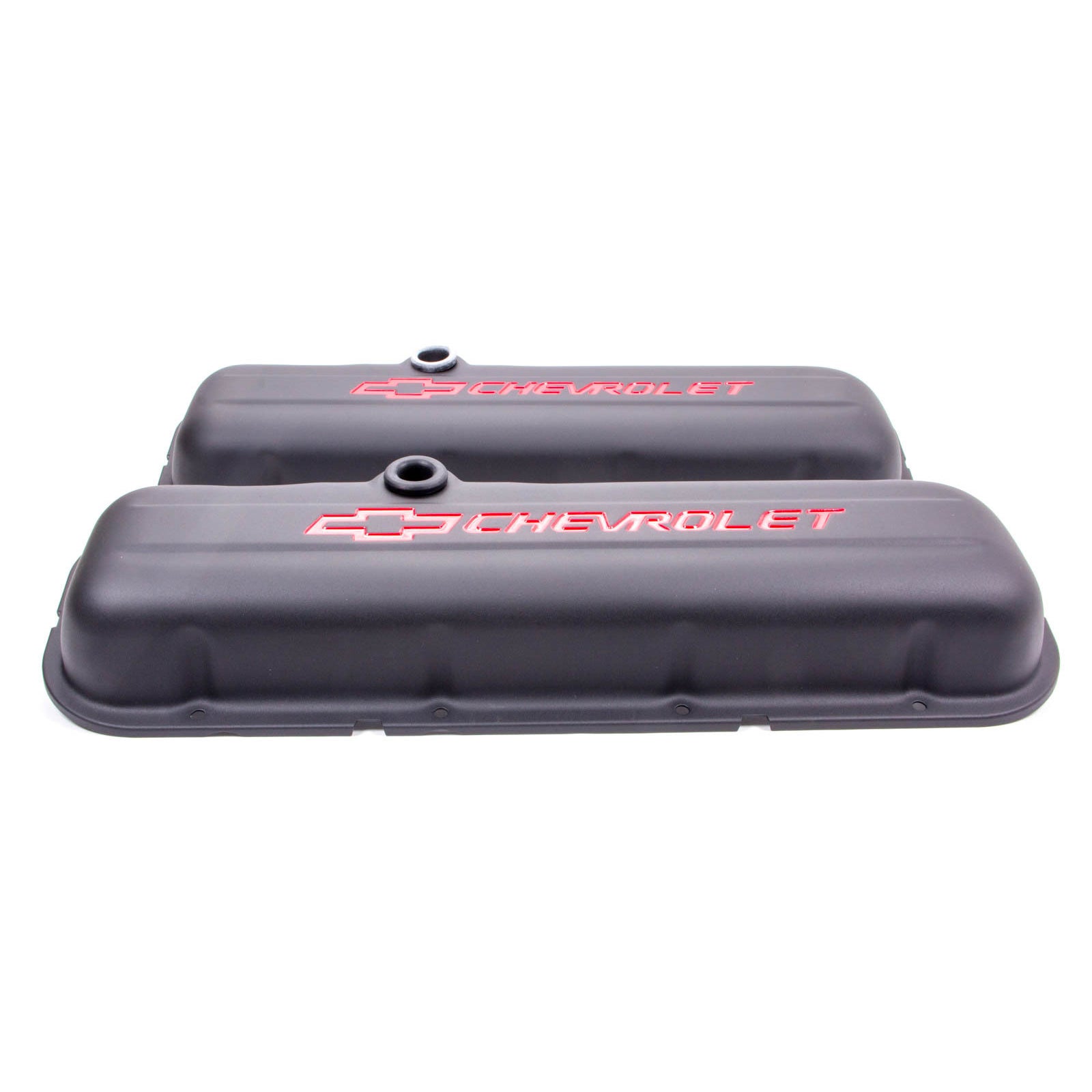 Proform Short Valve Cover - Baffled - Breather Hole - Chevrolet Bowtie Logo - Black Crinkle - Big Block Chevy - Pair
