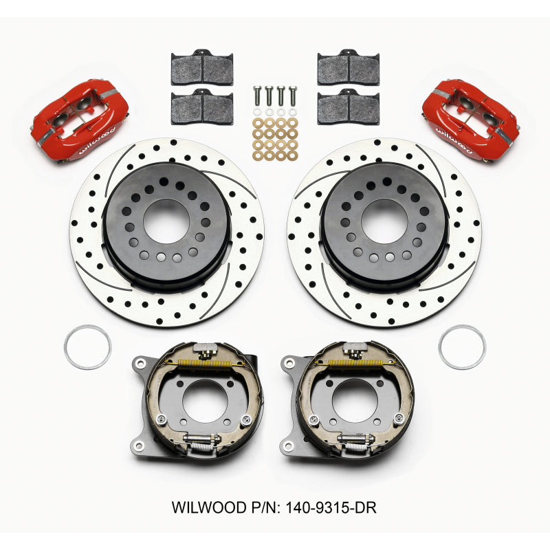 Wilwood Dynalite Rear Brake System - 4 Piston Caliper - 12.188 in Drilled/Slotted Rotor - Offset Hat/Parking Brake - Red - GM 12-Bolt