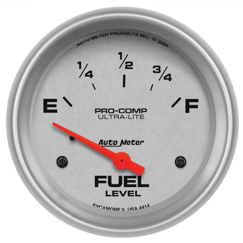 Auto Meter Ultra-Lite 0-90 ohm Fuel Level Gauge - Electric - Analog - Short Sweep - 2-5/8 in Diameter - Silver Face