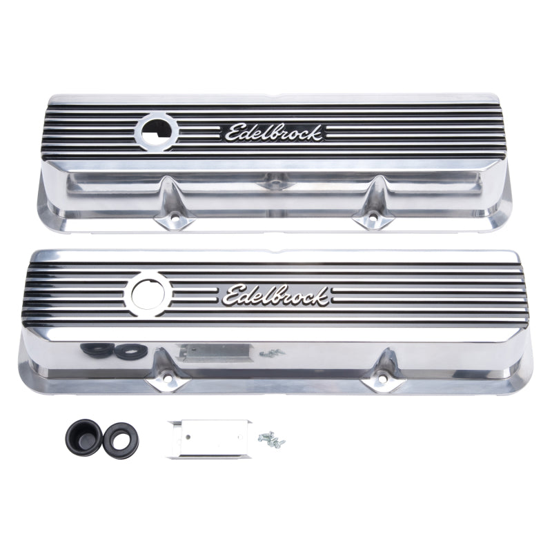 Edelbrock Elite II Valve Covers Short Breather Hole Edelbrock Logo - Aluminum