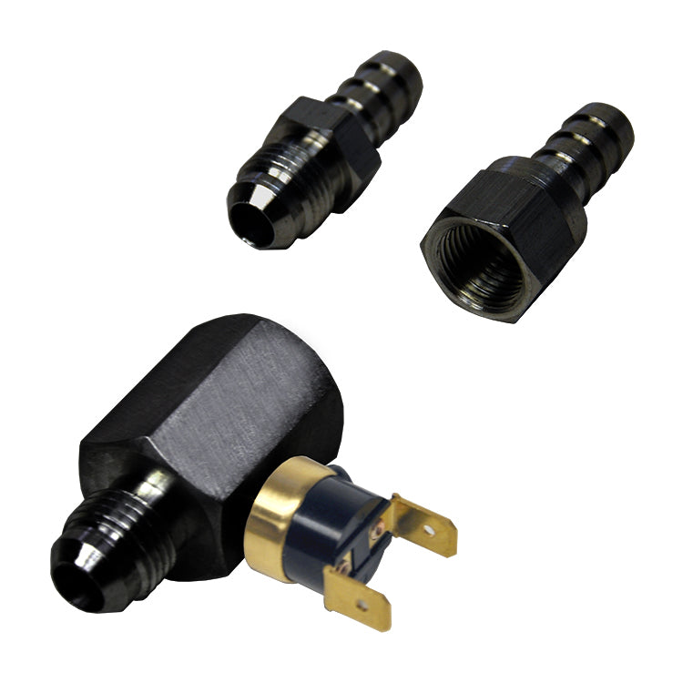 Derale Temperature Switch - 180 Degree On - 165 Degree Off - 6 AN Inlet - 6 AN Outlet - 3/8 in Male Barb Fittings