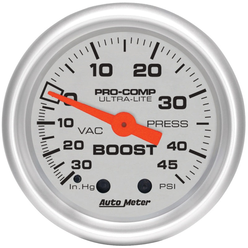 Auto Meter Ultra-Lite 30 in HG-45 psi Boost / Vacuum Gauge - Mechanical - Analog - 2-1/16 in Diameter - Silver Face