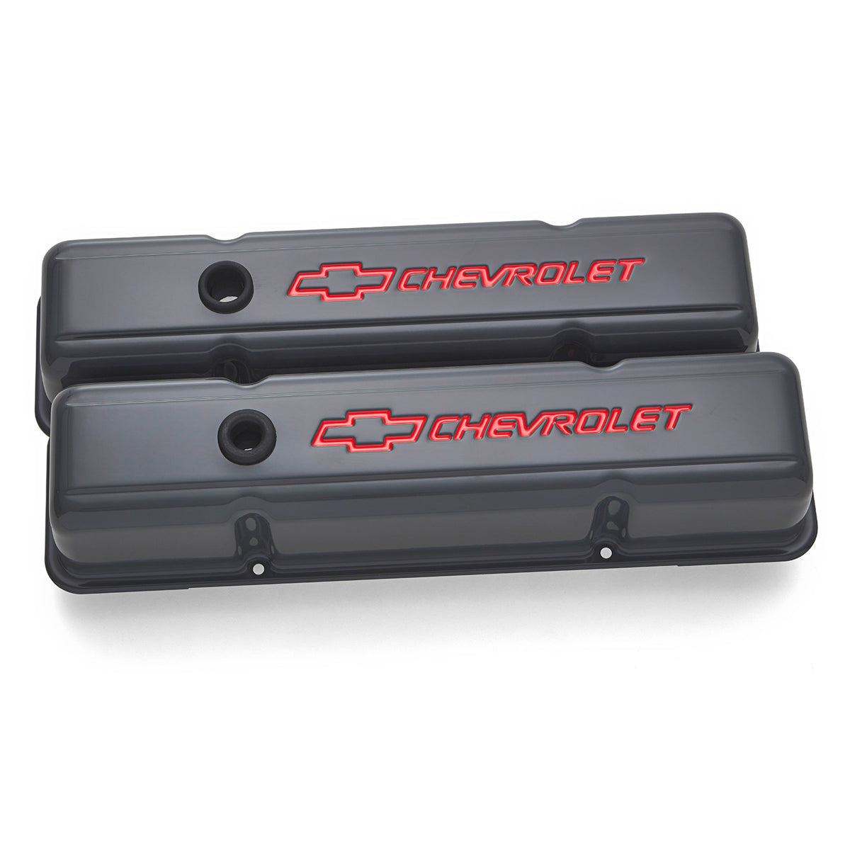 Proform Tall Valve Cover - Baffled - Breather Hole - Chevrolet Bowtie Logo - Steel - Gray - Small Block Chevy - (Pair)