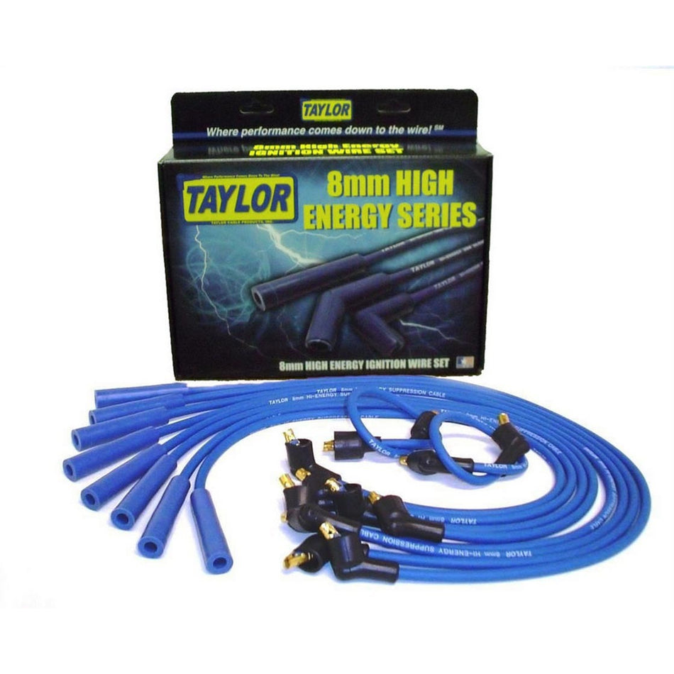 Taylor High Energy Spiral Core 8 mm Spark Plug Wire Set - Blue - Straight Plug Boots - Socket Style - Ford V8