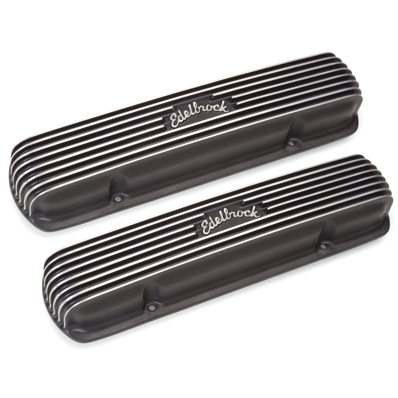 Edelbrock Classic Short Valve Cover - Edelbrock Logo - Black Powder Coat - Pontiac V8 - Pair