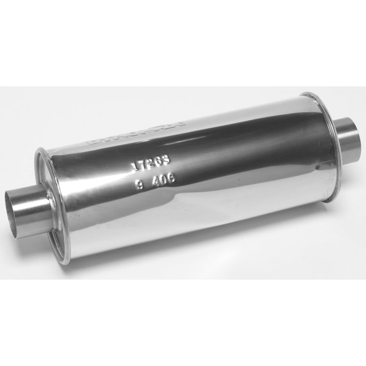 DynoMax Ultra Flo Muffler - 3 in Center Inlet - 3 in Center Outlet - 16 x 6 in Round Body 20 in Long - Polished - Universal