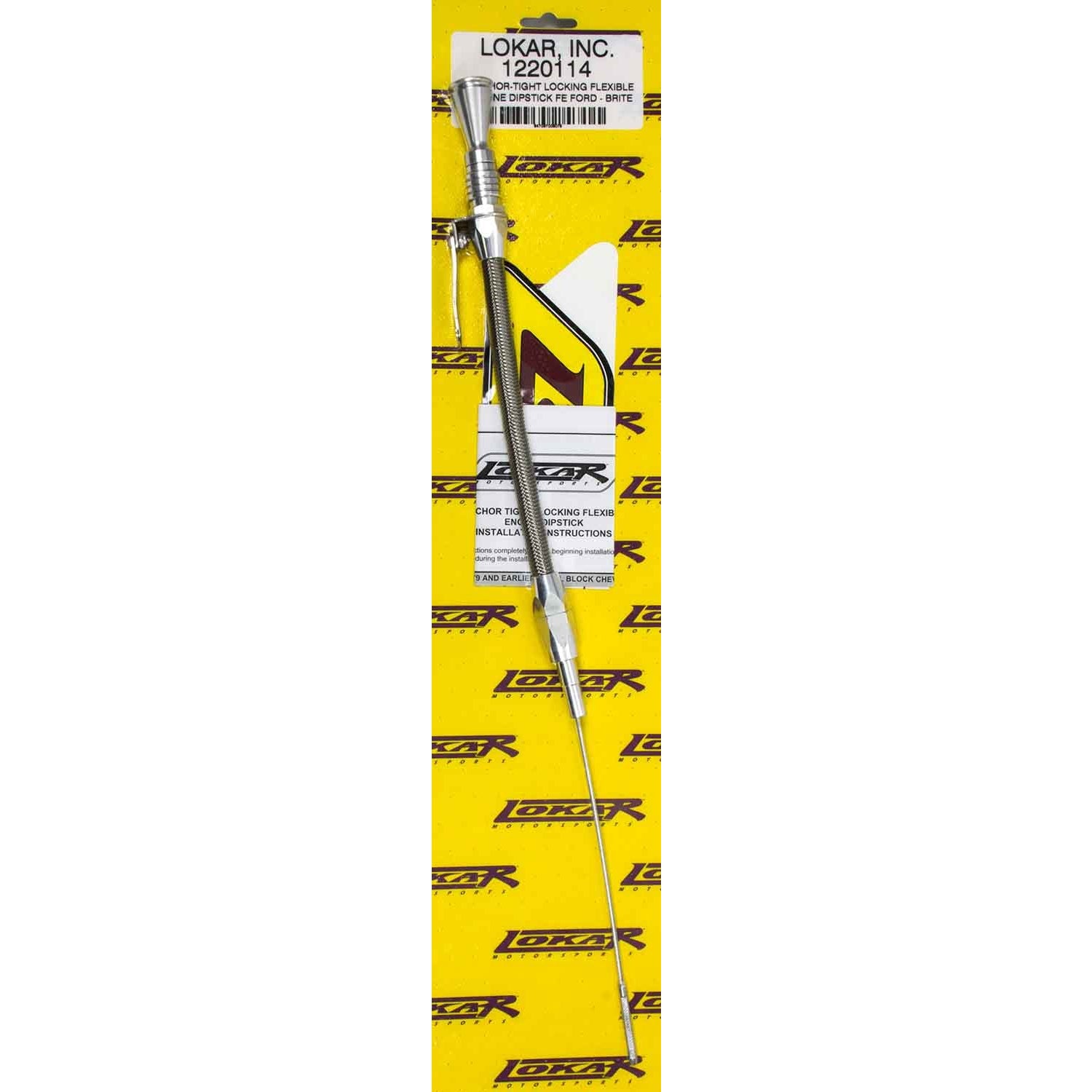 Lokar Anchor-Tight Locking Engine Oil Dipstick - Block Mount - Braided Stainless - Clear Anodized - Ford FE-Series