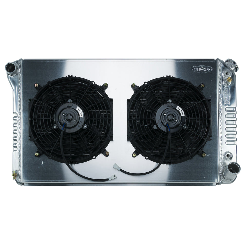 Cold-Case Aluminum Radiator and Fan - 34" W x 18.6" H x 3" D - Driver Side Inlet - Passenger Side Outlet - Polished - Automatic - GM Fullsize Truck 1967-76