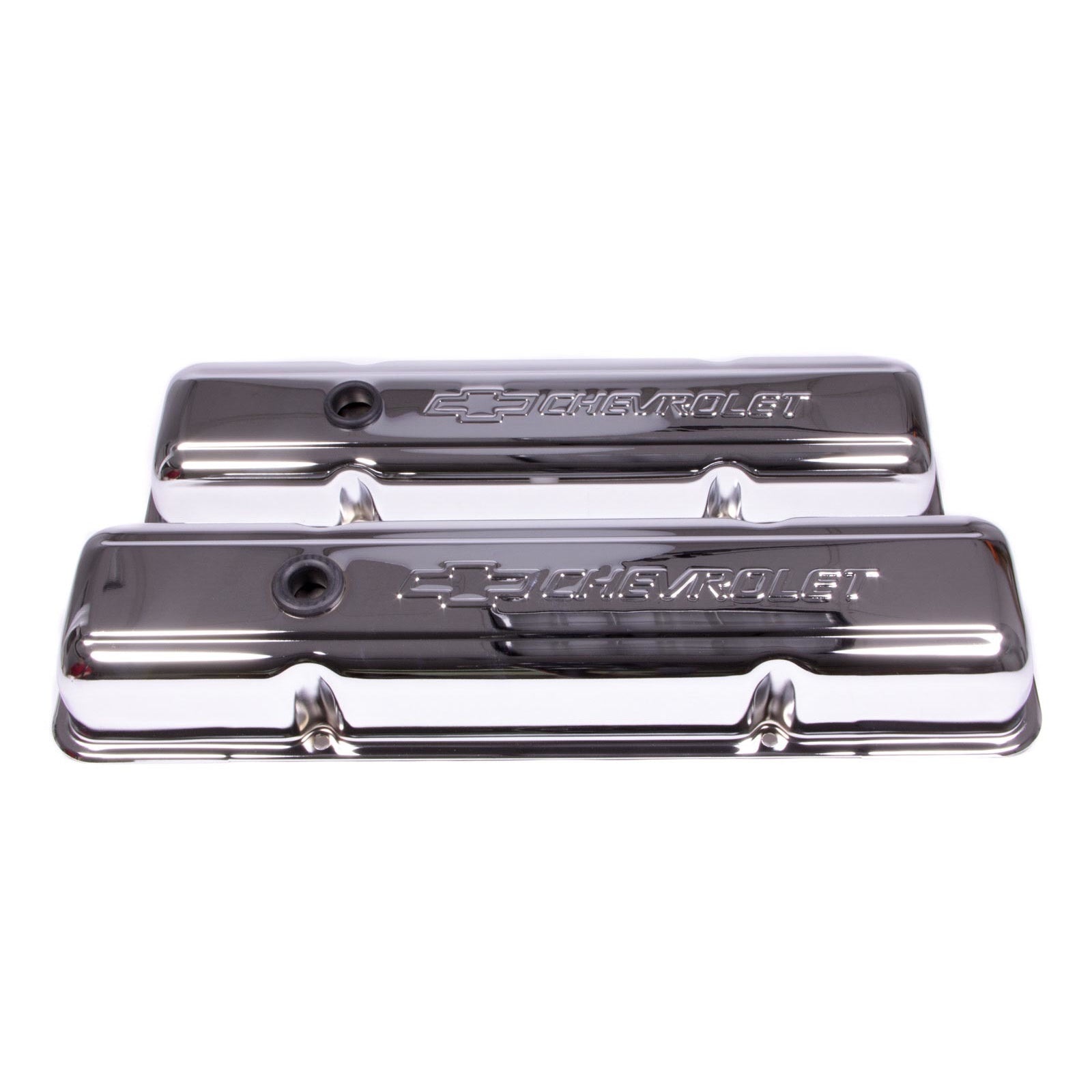 Proform Short Valve Cover - Baffled - Breather Hole - Chevrolet Bowtie Logo - Chrome - Small Block Chevy 141-102 - Pair
