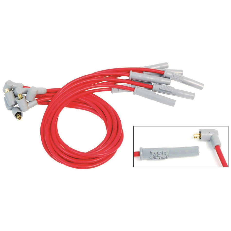MSD Super Conductor Spiral Core 8.5 mm Spark Plug Wire Set - Red - Straight Plug Boots - Socket Style - Big Block Ford / Cleveland / Modified