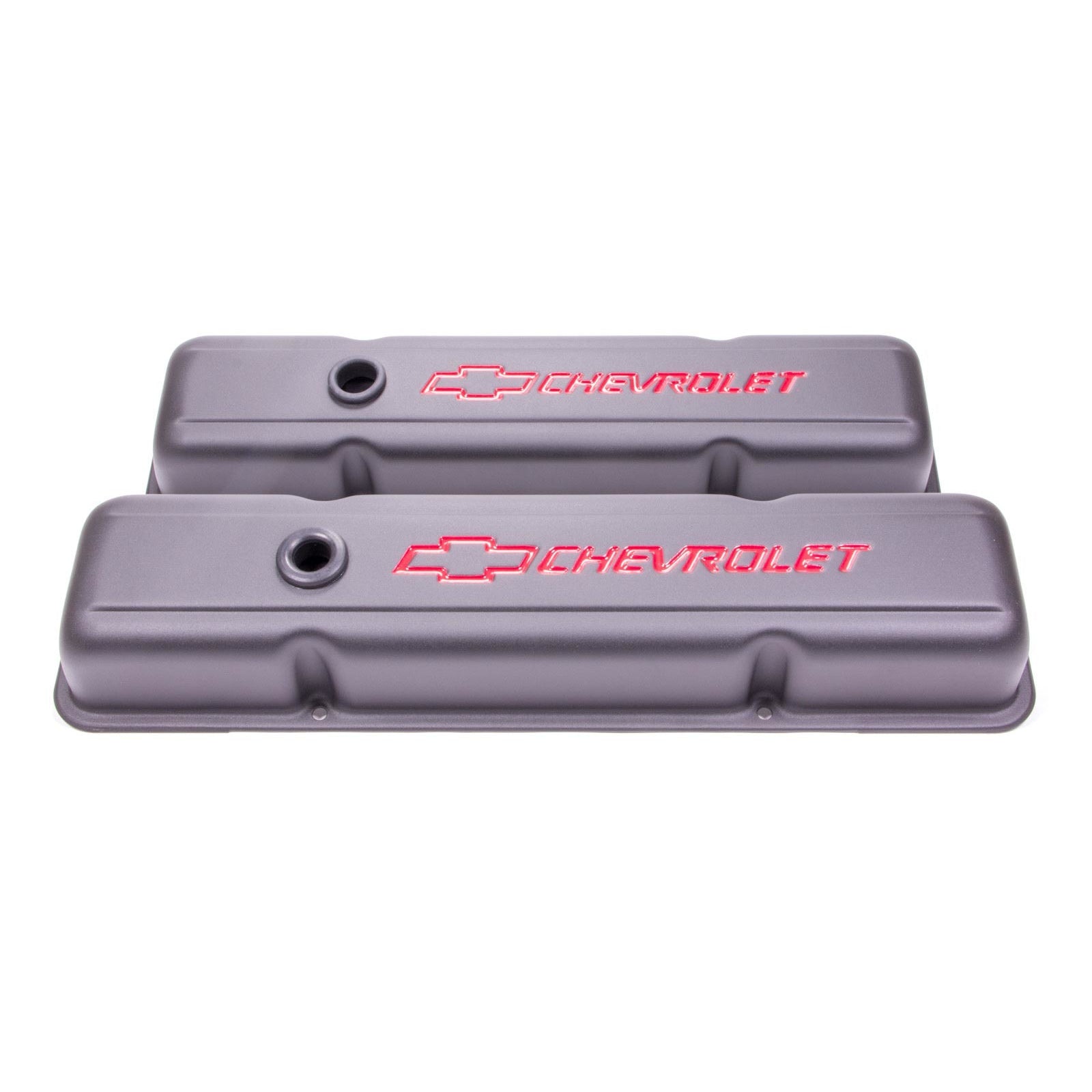 Proform Short Valve Cover - Baffled - Breather Hole - Chevrolet Bowtie Logo - Black Crinkle - Small Block Chevy - Pair