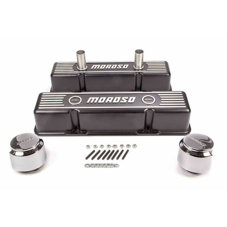 Moroso Die-Cast Aluminum Valve Covers - Black Epoxy Finish - SB Chevy - Tall Design - Two Breather Tubes