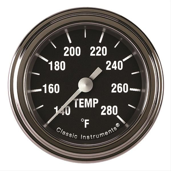 Classic Instruments Hot Rod 140-280 Degree F Water Temperature Gauge - Electric - Analog - Full Sweep - 1/2 in NPT Sender - 2-1/8 in Diameter - Low Step  Bezel - Flat Lens - Black Face