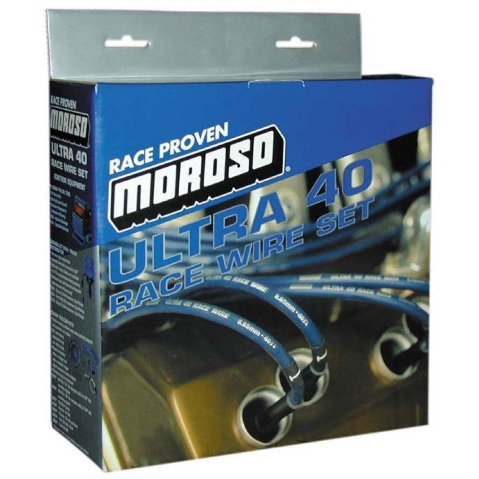 Moroso Ultra 40 Race Spiral Core Spark Plug Wire Set - 8.65 mm - Blue - 90 Degree Plug Boots - HEI / Socket Style - BB Chevy